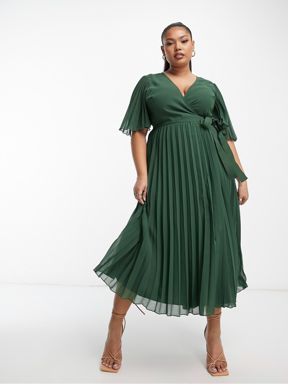 ASOS Curve Forest Green Pleated Wrap Midi Dress